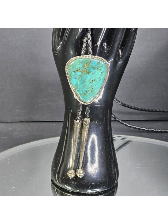 Navajo Other - Navajo Turquoise On Silver BOLO Tie Hallmarked K E E with Sterling 925 Tips KEE